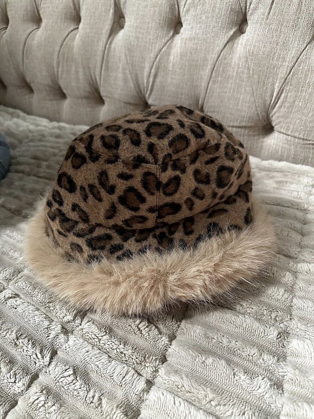Rachel Zoe Leopard Print Wool Bucket Hat with Faux Fur Trim, One Size